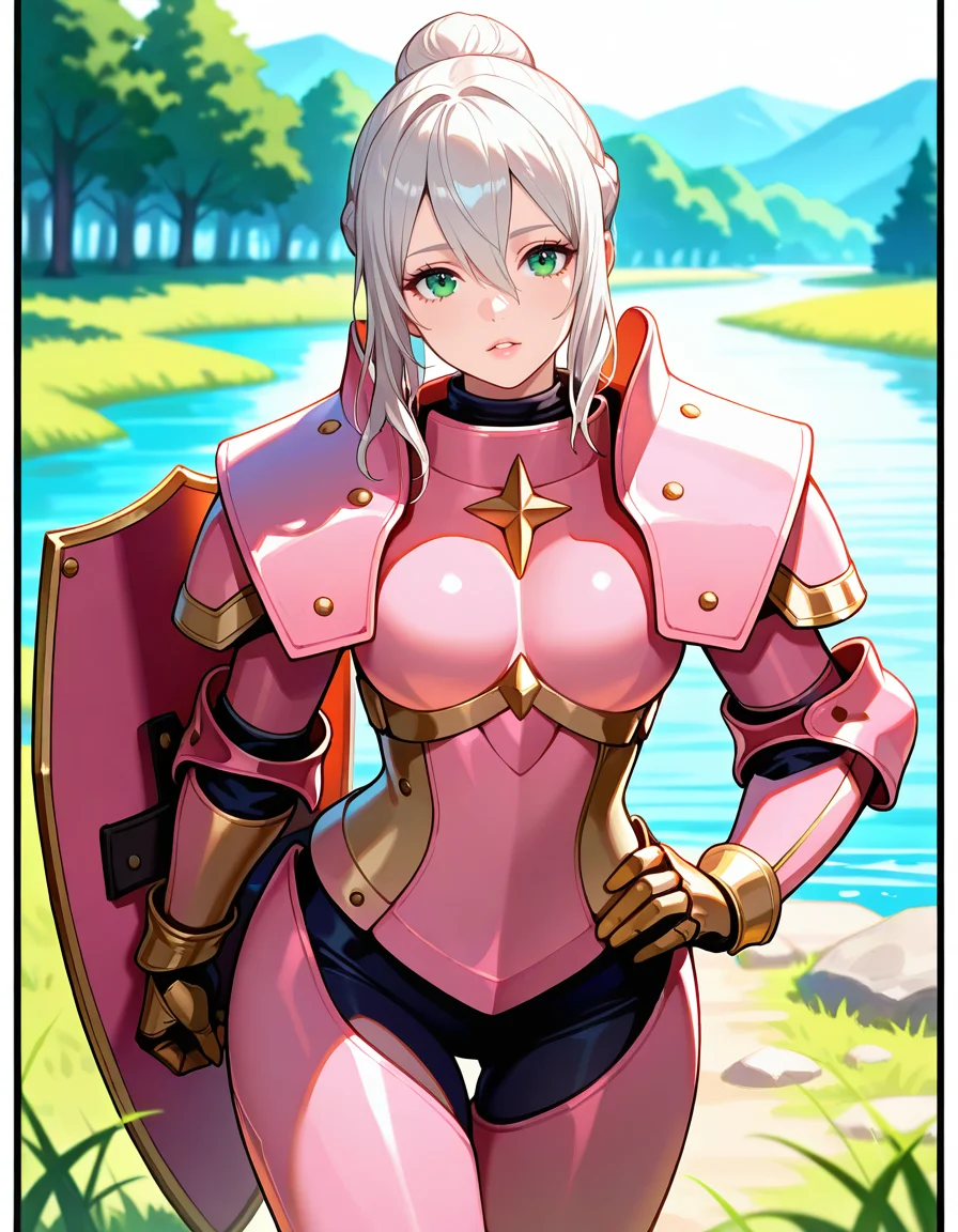 masterpiece, best_quality, high_quality, highres, extremely_detailed, ultra_detailed, detailed_eyes, skin_detail, intricate. subject_focus, depth_of_field, clean_lines, sharp_focus, perfect_anatomy.
EffieFE, green eyes, silver hair, ponytail, 1girl, pink armor,
hand on hip, twirling hair, grass field, river,pink shield, lips, parted lips, thigh gap