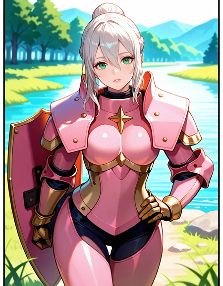 masterpiece, best_quality, high_quality, highres, extremely_detailed, ultra_detailed, detailed_eyes, skin_detail, intricate. subject_focus, depth_of_field, clean_lines, sharp_focus, perfect_anatomy.
EffieFE, green eyes, silver hair, ponytail, 1girl, pink armor,
hand on hip, twirling hair, grass field, river,pink shield, lips, parted lips, thigh gap