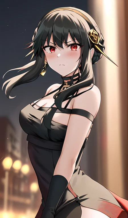 best quality, black hair, 1girl, (disdain), outdoors, sky, night, dynamic fighting pose, corneo_thorn_princess_yor