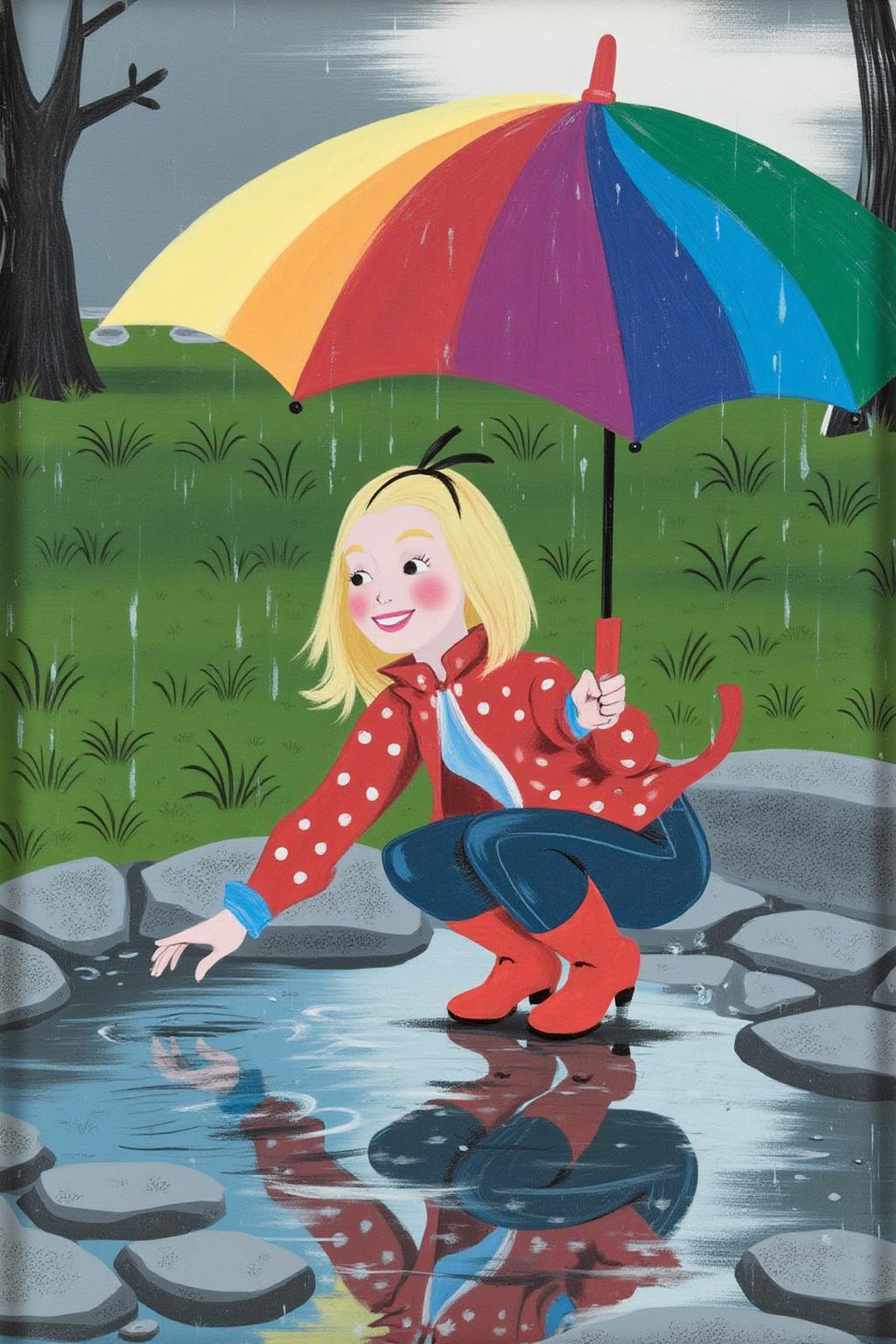 maryblair2 illlustration.
A young woman, angled from slightly above and to the right, crouching low to the ground in a puddle. The young woman is wearing bright red rubber boots and a red jacket with white polka dots. The jacket sleeves are pushed up to reveal blue cuffs. The young woman also wears dark blue jeans and has a smile on her face as she extends her right index finger to touch the water in the puddle. Above the young woman is a large, open umbrella with rainbow-colored panels and a red handle. The ground is wet and paved with grey stones, reflecting the sky and umbrella. The background is slightly blurred, showing hints of green grass and trees. The lighting is overcast and diffused, typical of a rainy day. 
 <lora:maryblair3_cap_d6a3e9:1.0><lora:855888973355028553:0>