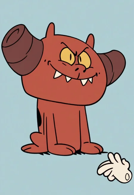 (score_9 | score_8_up | score_7_up) ((masterpiece:1))(best quality,very high quality,ultra detailed:1.2) (2D,cartoon style,anime style)(Smooth:2)(clean blurring) (four fingers on each hand,one thumb on each hand:1), charles, dog, all fours, black spot on left eye, impish, demon, red skin, small pointed nose, pointed tail, yellow eyes, slit pupils, two small horns, two large curved horns on sides of her head, pair of deformed fangs, smug, full body