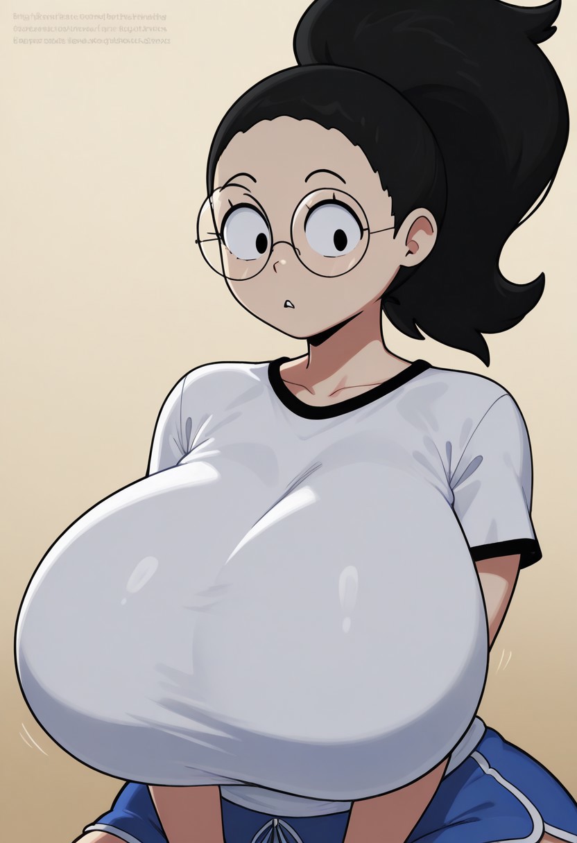 ,white shirt,blue shorts,
black hair,ponytail,round glasses,
huge breasts
upper body