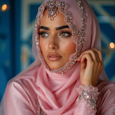 A close-up of a Middle Eastern woman wearing a luxurious pink satin hijab, intricately embroidered with silver and pink jewels. Her light green eyes, framed by perfectly shaped brows and accentuated by dark eyeliner, are captivating. The softly blurred background, with warm bokeh lights, enhances the elegance and mystique of her gaze.
Cool, blue-tinted lighting contrasting with warm highlights on the jewelry.Subtle rim lighting outlining the edges of the hijab. Delicate light reflections on the gems, adding sparkle.
Her characteristics are Smooth, flawless tanned skin with a natural glow. Refined, elegant nose with a delicate bridge.Delicate, minimal makeup emphasizing her natural beauty.Soft, warm-toned eyeshadow complementing her eye color.
Pink satin hijab with intricate silver embroidery along the edges. Delicate veil adorned with tiny, dangling pink gemstones. Jeweled headpiece with a central gem resting on her forehead. Subtle metallic accents in the embroidery, reflecting light.
Long, flowing sleeves with delicate lace trimming. Soft, sheer layer of fabric over the satin, adding dimension. long sleeves past wrist.
Her right hand lightly touches the edge of her veil near her cheek, eyes looking thoughtfully into the distance.
Abstract geometric patterns with muted metallic tones.