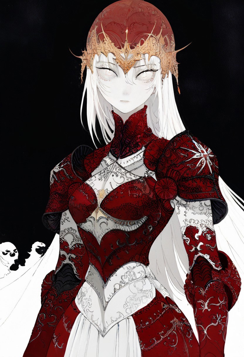 solo, looking at viewer, white eyes, plain black background, 1woman, solo, long white hair, pale white skin, red armor, masterpiece,best quality,very aesthetic,absurdres
 <lora:monfornoob:0.95>