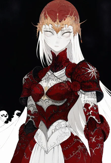 solo, looking at viewer, white eyes, plain black background, 1woman, solo, long white hair, pale white skin, red armor, masterpiece,best quality,very aesthetic,absurdres
<lora:monfornoob:0.95>