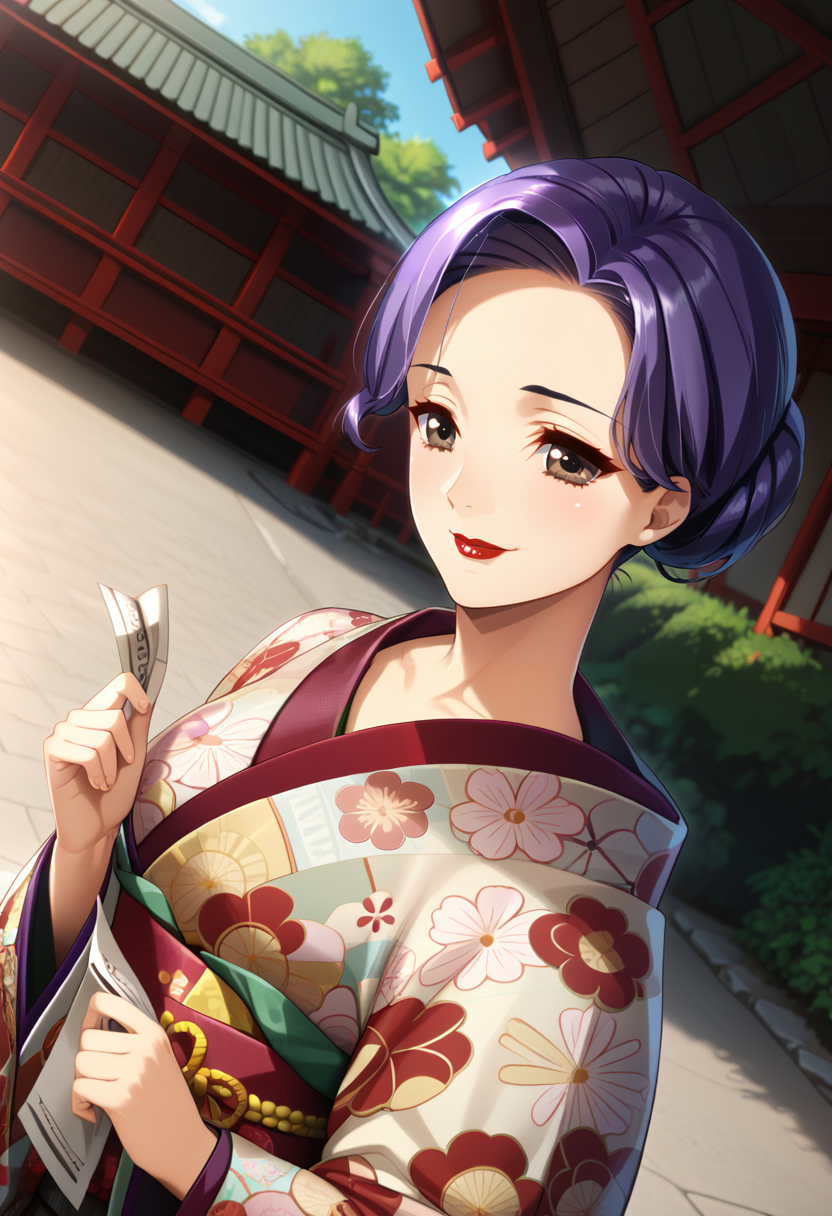 score_9, score_8_up, score_7_up, BREAK Yayy, 1girl,japanese clothes, print kimono, outdoors, lipstick, brown eyes, purple hair, day, upper body, omikuji, makeup, holding paper, floral print, looking at viewer, smile, dutch angle, single hair bun, white kimono, short hair, blurry background, collarbone, long sleeves, closed mouth, updo,   <lora:AR:1>