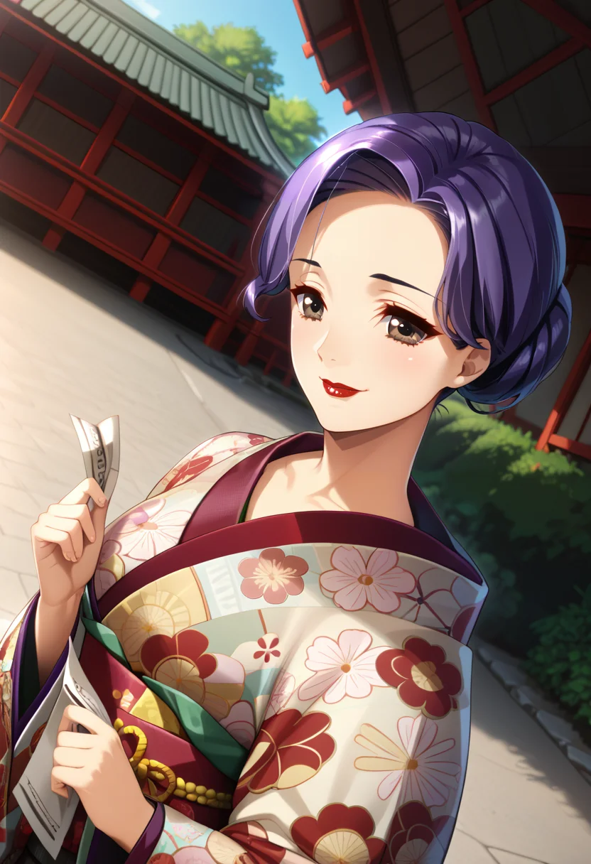 score_9, score_8_up, score_7_up, BREAK Yayy, 1girl,japanese clothes, print kimono, outdoors, lipstick, brown eyes, purple hair, day, upper body, omikuji, makeup, holding paper, floral print, looking at viewer, smile, dutch angle, single hair bun, white kimono, short hair, blurry background, collarbone, long sleeves, closed mouth, updo, <lora:AR:1>