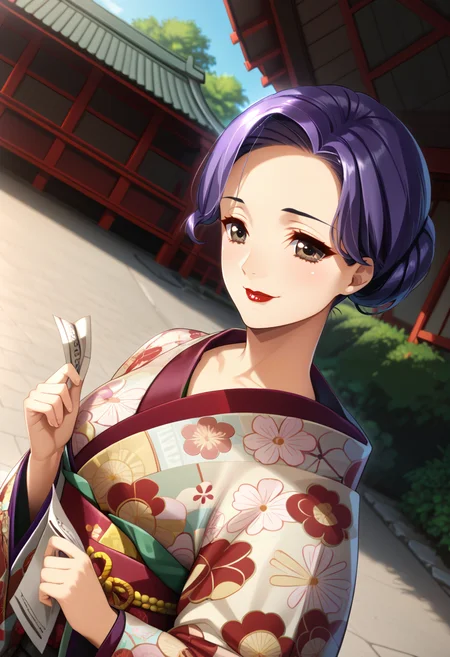 score_9, score_8_up, score_7_up, BREAK Yayy, 1girl,japanese clothes, print kimono, outdoors, lipstick, brown eyes, purple hair, day, upper body, omikuji, makeup, holding paper, floral print, looking at viewer, smile, dutch angle, single hair bun, white kimono, short hair, blurry background, collarbone, long sleeves, closed mouth, updo,   <lora:AR:1>