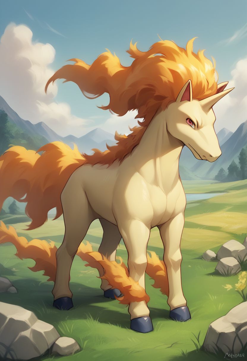 (source_anime, source_furry, score_9, score_8_up, score_7_up:1), rapidash, solo male, outdoors, looking at viewer, no humans