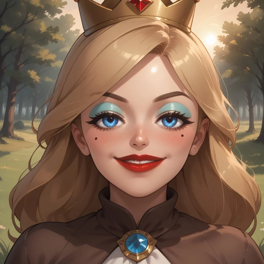 score_9, score_8, BREAK, solo, wii, mii, wii sports, 1girl, female mii, blonde hair, long hair, crown, blue eyes, makeup, blue eyeshadow, blush, mole under eye, red lips, lipstick, brown eyebrows, brown long dress, silver high heels, big breasts, nintendo mii, modern_mii, classic_mii, Empress_Alisha_(OC_Mii), cute, attractive, sexy pose, self portrait, smile, outdoors, sunlight, shadows, evening lighting, natural lighting, forest, trees, grass, orange sky, sunset