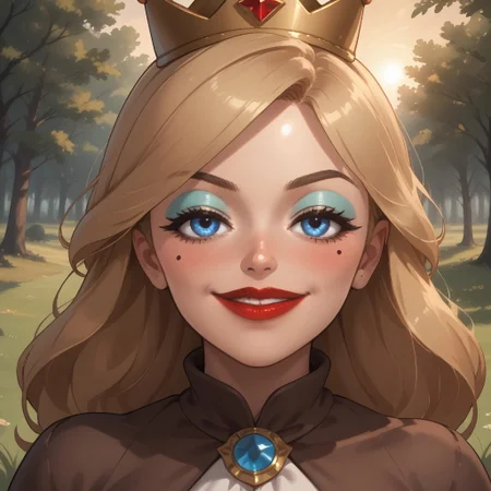 score_9, score_8, BREAK, solo, wii, mii, wii sports, 1girl, female mii, blonde hair, long hair, crown, blue eyes, makeup, blue eyeshadow, blush, mole under eye, red lips, lipstick, brown eyebrows, brown long dress, silver high heels, big breasts, nintendo mii, modern_mii, classic_mii, Empress_Alisha_(OC_Mii), cute, attractive, sexy pose, self portrait, smile, outdoors, sunlight, shadows, evening lighting, natural lighting, forest, trees, grass, orange sky, sunset