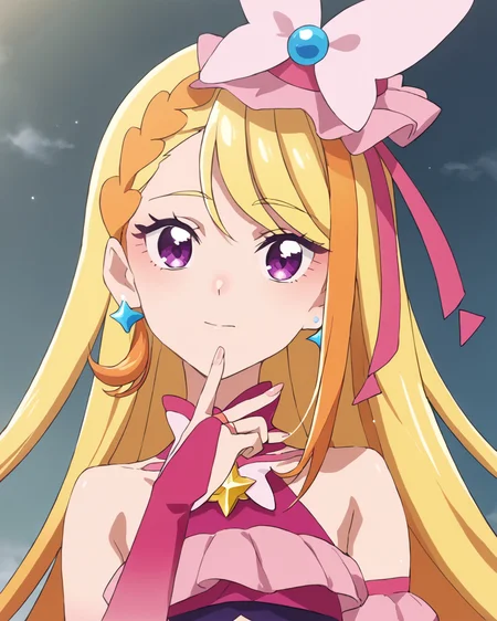 score_9, score_8_up, score_7_up, source_anime,masterpiece,best quality,highres,absurdres,official art,official style,source_anime,anime screencap,anime coloring,megami magazine,anime,animated,explicit,
shiny skin,
<lora:cure_butterfly:1> cure_butterfly, blonde hair, purple eyes,  very long hair, jewelry, frills,  braid, pink bow, earrings, swept bangs, hair bow, crop top,pink gloves,gloves,star (symbol), bare shoulders, detached sleeves, magical girl, sleeveless, hair ornament,  bridal gauntlets, sleeveless shirt, crown braid
