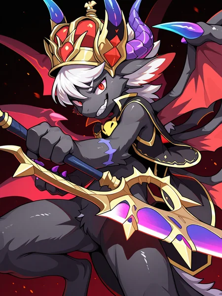 masterpiece, best quality, amazing quality,
MagnasIL,1boy,solo,furry male,male focus,dragon boy,demon wings,crown,cape,horns,red eyes,grin,looking at viewer,holding sword,reverse grip, multiple wings,dark background,
<lora:Magnas_IL-000012:1>