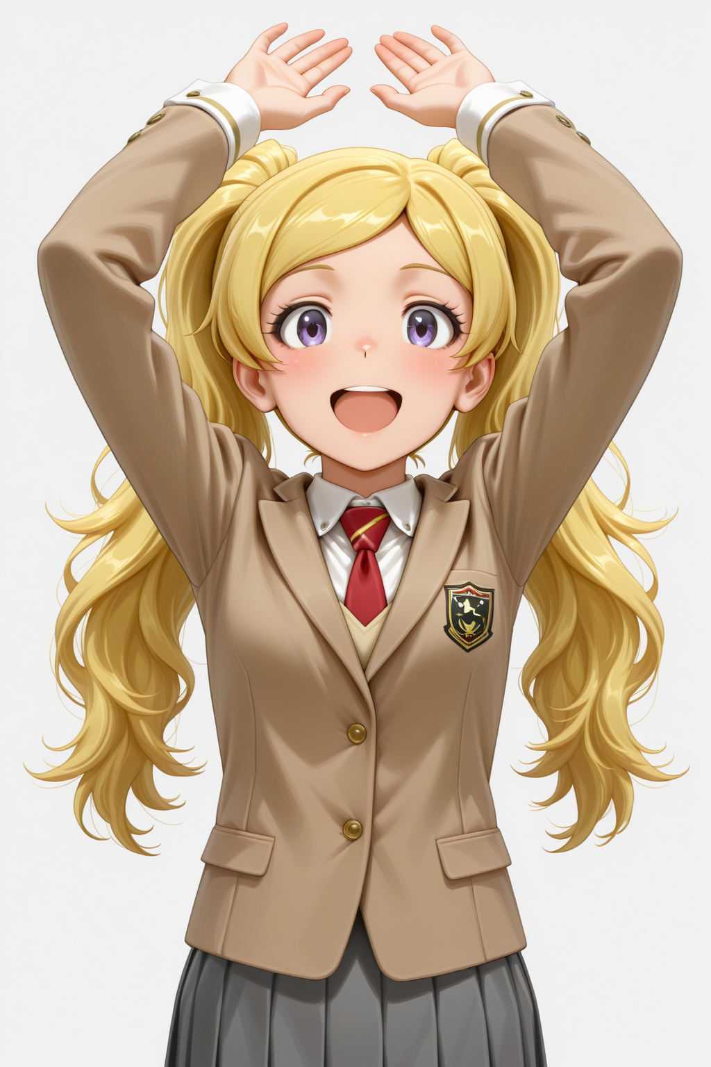 masterpiece, best quality, amazing quality, 1girl, solo, makeup, perspective, general, looking at viewer, cowboy shot, anime screencap, blush, :d, smile, open mouth, simple background, <lora:Emily_Stewart_Million:1>, Emily_Stewart_Million, blonde hair, long hair, twintails, purple eyes, breasts, parted bangs, school uniform, brown blazer, white shirt, red necktie, pleated skirt, arms up, wrist cuffs, <lora:wai-2Rectified-V140:1>, <lora:illustrious_noobai_epsilon_pred_1_masterpieces_v1:1>