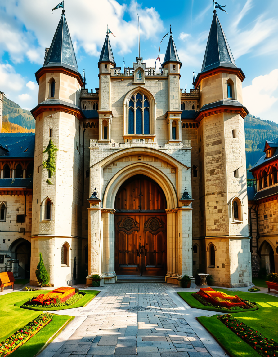 A highly detailed and realistic photograph of the massive entrance door of a medieval castle. The heavy wooden door is reinforced with large iron studs and intricate metalwork, set within a grand stone archway. The aged stone walls surrounding the entrance are weathered, covered in patches of moss and ivy, giving a sense of ancient history.
The cobblestone pathway leading to the door is slightly worn, with scattered fallen leaves and small tufts of grass growing between the stones. Above the entrance, a small, narrow window or arrow slit adds to the castleâs defensive design. The scene is illuminated by soft, natural light, casting shadows that highlight the textures of the stone and wood. The atmosphere is mysterious and majestic, evoking a sense of medieval grandeur.
<lora:SDXLFaeTastic2400:0.4> <lora:extremely_detailed:0.4> extremely detailed,  <lora:medieval_c4stl3_d00r:1>,medieval c4stl3 d00r, Masterpiece,best quality,hi res,8k,hi res,8k,award winning,(sharp focus, intricate, highly detailed),