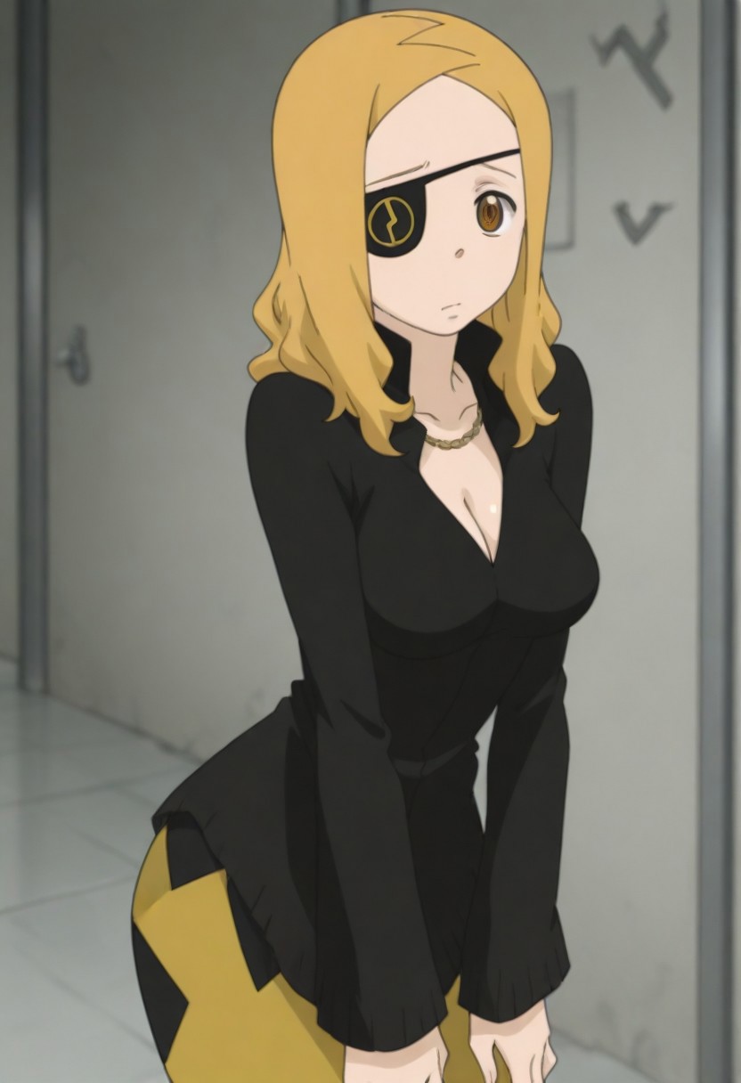 masterpiece, best quality, amazing quality, 1girl, solo,,, shiny skin,,,<lora:Marie_Mjolnir:1>mmjolnir, blonde hair, long hair, brown eyes, right eyepatch,, cleavage, necklace, black dress , gold skirt, long skirt, long sleeves, jewelry,