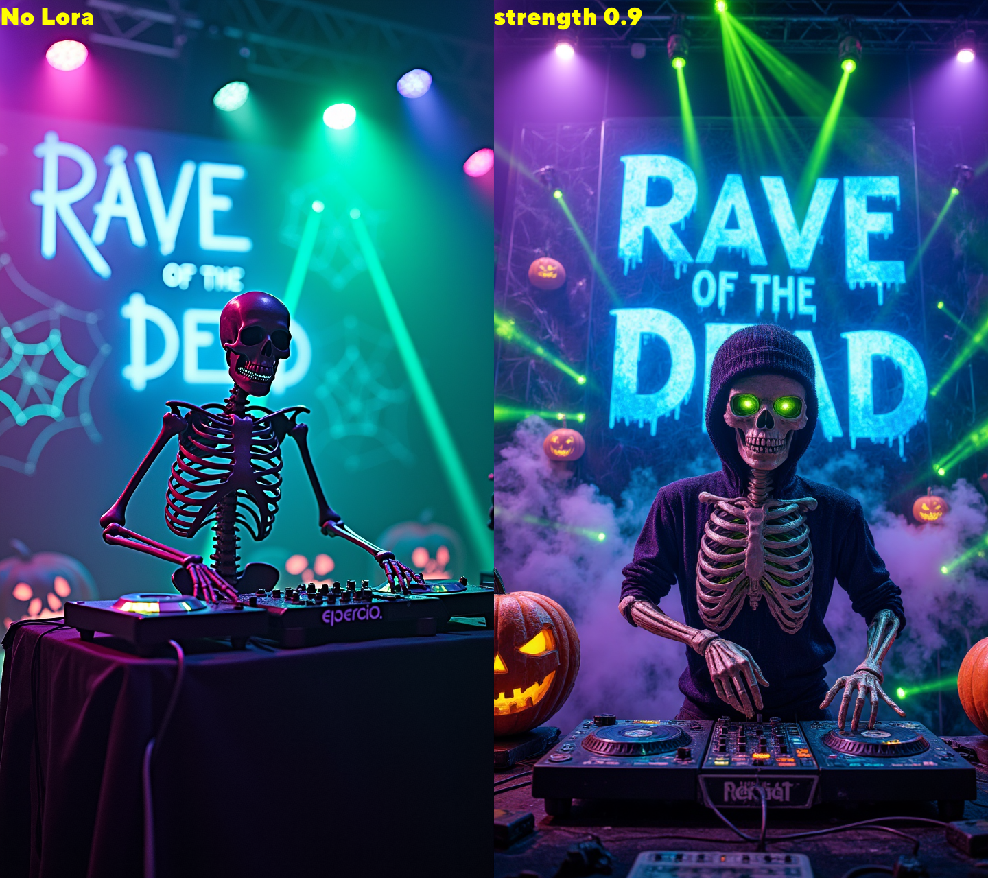 Skeleton DJ at a Haunted Rave: The skeleton DJ is spinning records on a glowing neon green and purple stage, surrounded by fog and lasers cutting through the air. The backdrop pulses with glowing spider webs and eerie pumpkins, and behind him, the words "Rave of the Dead" flicker in electric blue, perfectly in sync with the haunting beat  ,   , , aidmamjv7