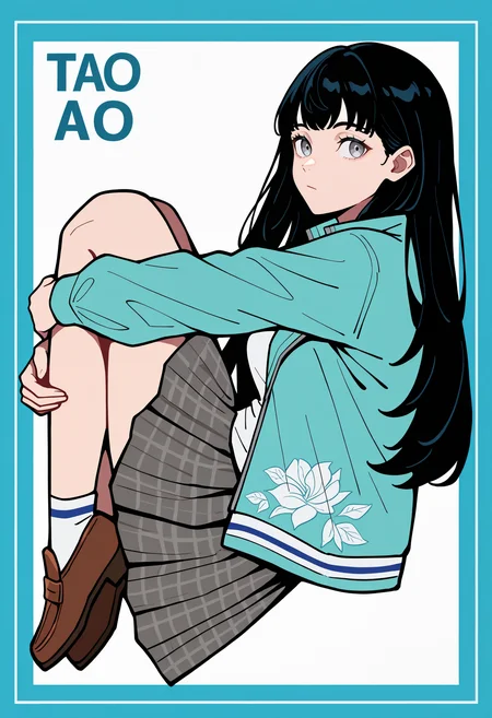 masterpiece, best quality, newest, absurdres, highres, 1girl, from side, looking at viewer, expressionless, fetal position, hugging own legs, (limited palette:1.1), character name, <lora:TaoSMT-illu:1> tao, black hair, long hair, choppy bangs, grey eyes, aqua jacket, open jacket, track jacket, medium breasts, long sleeves, floral print, white shirt, collared shirt, grey skirt, plaid skirt, pleated skirt, white socks, brown footwear, simple background, blue border