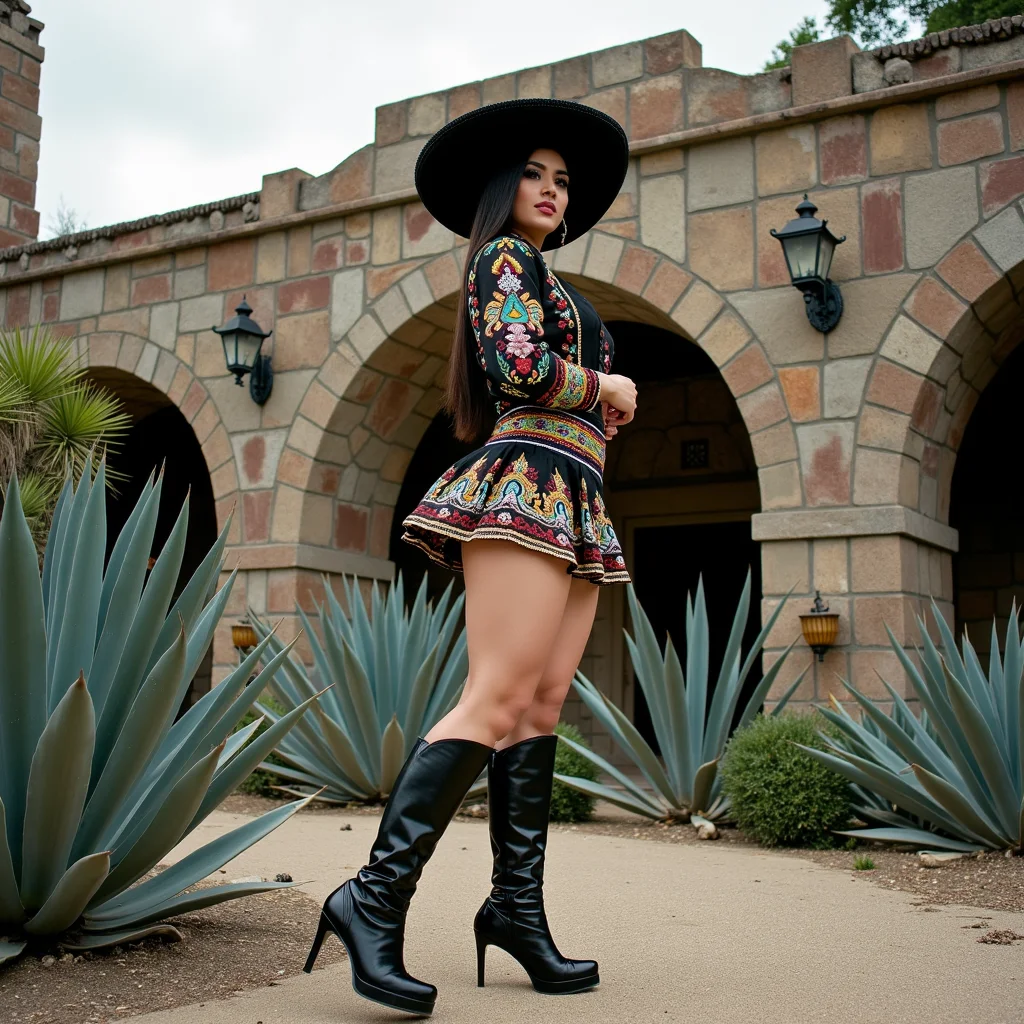 surrealist art analog film photo A fashionable buchona-style woman standing beside a grand Mexican hacienda, wearing a dramatic embroidered dress, cowgirl boots, and a wide-brimmed sombrero, surrounded by agave plants and stone walls. Captured with a Pentax 67 medium format camera, deep tones, sharp detail, soft vignetting. A blend of traditional ranch vibes with high-end urban fashion â glamorous yet rooted in cultural pride. <lora:buchonas v1:0.9> buch0nas . faded film, desaturated, 35mm photo, grainy, vignette, vintage, Kodachrome, Lomography, stained, highly detailed, found footage, RAW candid cinema, 16mm, color graded portra 400 film, remarkable color, ultra realistic, textured skin, remarkable detailed pupils, realistic dull skin noise, visible skin detail, skin fuzz, dry skin, shot with cinematic camera . dreamlike, mysterious, provocative, symbolic, intricate, detailed