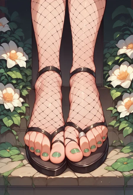score_9,score_8_up,score_7_up,score_6_up,source_anime,1girl,mistress,,flower,lower body,fishnets,painted toenails, perfect feet