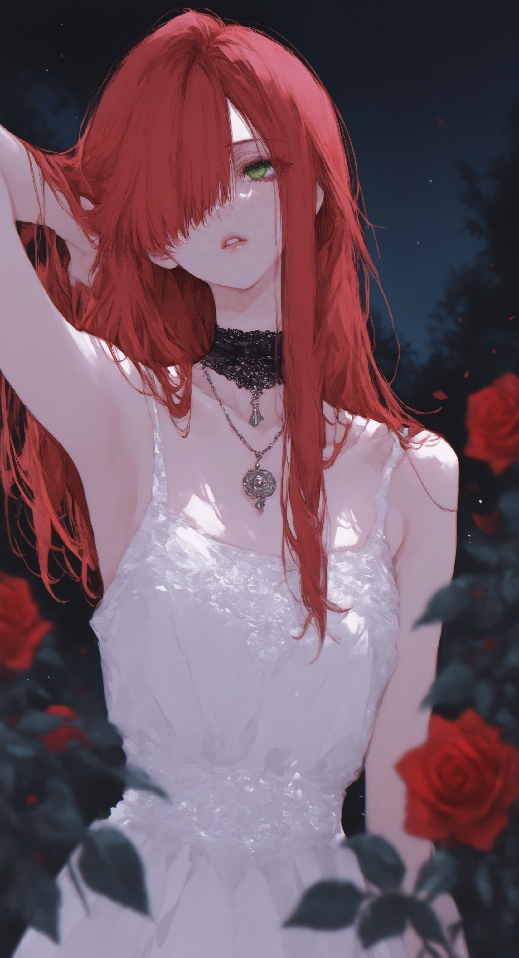 masterpiece,best quality,amazing quality,1girl, solo, long hair, dress, bare shoulders, green eyes, flower, red hair, parted lips, sleeveless, choker, white dress, necklace, hair over one eye, arm up, sleeveless dress, black choker, night, rose, leaf, plant, red flower, one eye covered, blurry foreground, red rose, tanemura arina,
ma1ma1helmes_b_illu, <lora:ponyv6_noobE11_2_adamW-000017:0.3> <lora:XXX667:0.6> <lora:96YOTTEA-WAI:0.5> <lora:TanemuraArinaIllustriousV1:0.8>