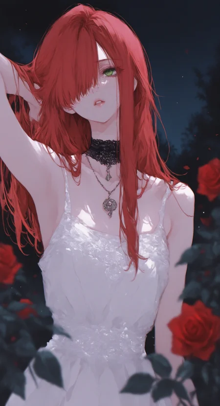 masterpiece,best quality,amazing quality,1girl, solo, long hair, dress, bare shoulders, green eyes, flower, red hair, parted lips, sleeveless, choker, white dress, necklace, hair over one eye, arm up, sleeveless dress, black choker, night, rose, leaf, plant, red flower, one eye covered, blurry foreground, red rose, tanemura arina,
ma1ma1helmes_b_illu, <lora:ponyv6_noobE11_2_adamW-000017:0.3> <lora:XXX667:0.6> <lora:96YOTTEA-WAI:0.5> <lora:TanemuraArinaIllustriousV1:0.8>
