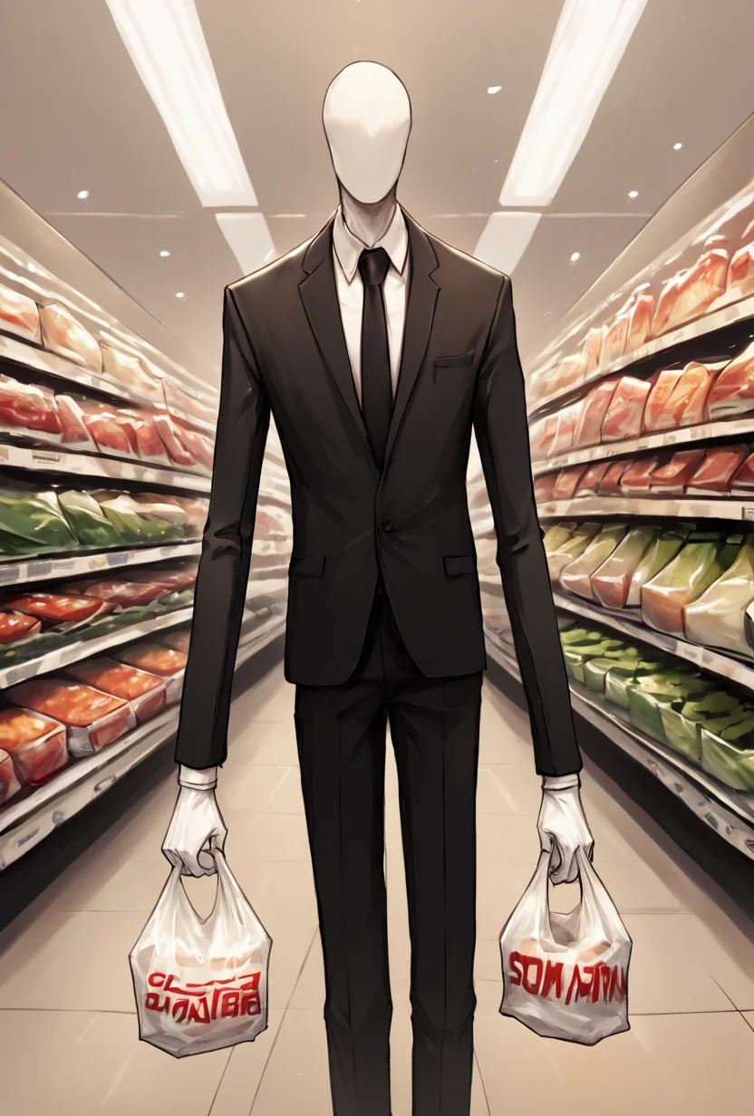 score_9, score_8_up, score_7_up <lora:slenderman-10:1> slenderman, necktie, , formal, 1boy, solo, faceless, , white gloves, black tie
BREAK
day time, shopping in grocery store, lifting plastic bags, indoors, 1girl, daughter, holding hands with slenderman