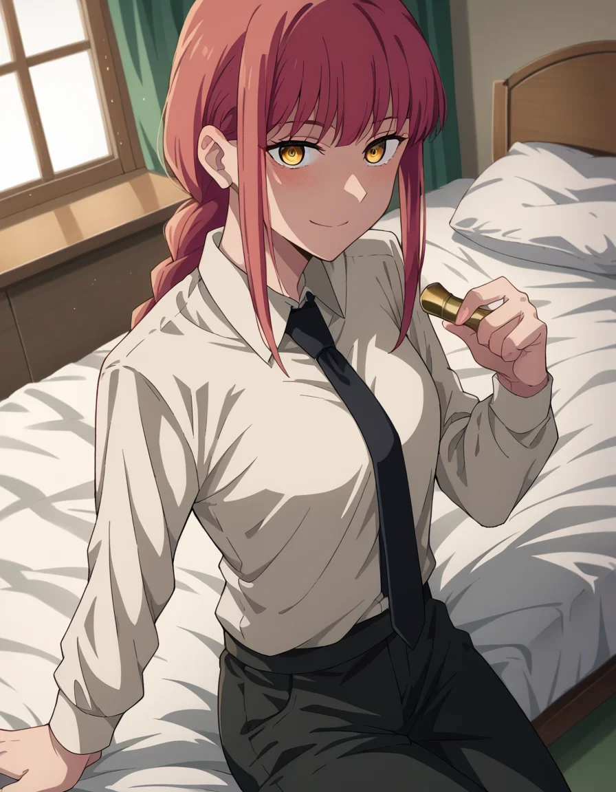 score_9, score_8_up, score_7_up, source_anime,
makima, <lora:chainsaw-man-makima-s1-ponyxl-lora-nochekaiser:1>
makima, long hair, smile, bangs, yellow eyes, braid, red hair, braided ponytail, ringed eyes,
shirt, long sleeves, white shirt, necktie, collared shirt, pants, black pants, formal, suit, black necktie, shirt tucked in, office lady,
indoors, bed, bed room, on side, blush, drunk,
looking at viewer, cowboy shot, dutch angle,