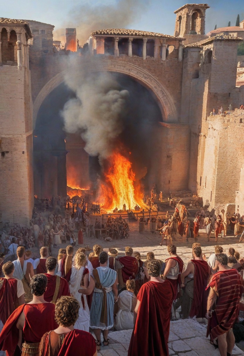 castle, roman city, burning, people wearing roman clothes