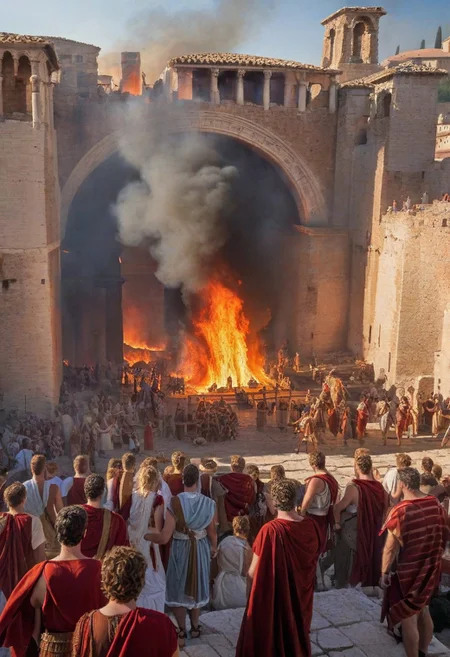 castle, roman city, burning, people wearing roman clothes