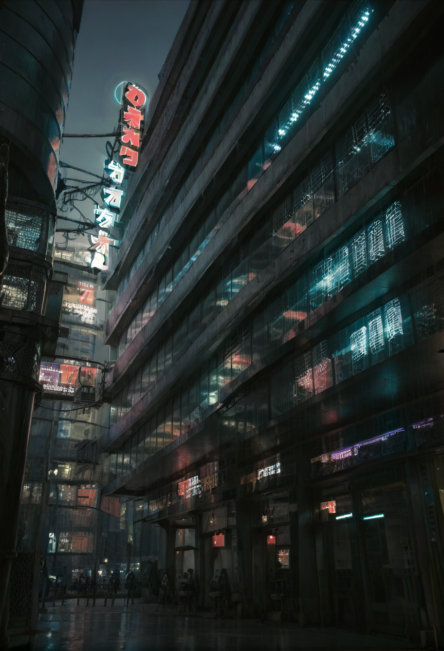 ,ruanyi0887,skyscraper,outdoors,night,neon lights,,ruanyi0849,black bodysuit,black dress,latex bodysuit,side slit,see-through,pelvic curtain,cross-laced clothes,pantyhose,<lora:0887 Commercial street at night_v1_pony:1>,<lora:0849 black cheongsam v2_pony:0.7>, score_9,score_8_up,score_7_up,,8k,1girl,solo,,