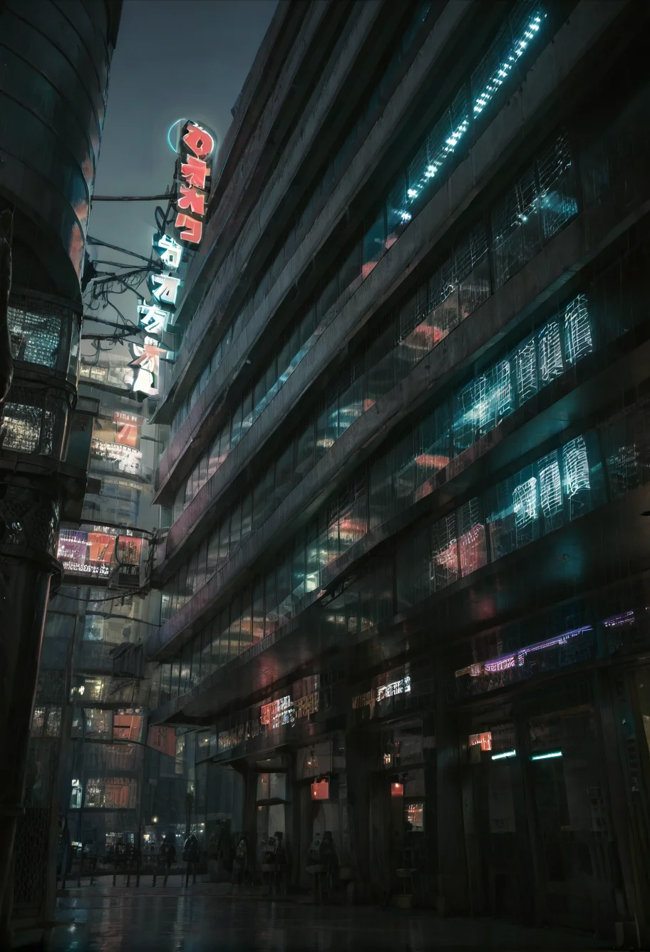,ruanyi0887,skyscraper,outdoors,night,neon lights,,ruanyi0849,black bodysuit,black dress,latex bodysuit,side slit,see-through,pelvic curtain,cross-laced clothes,pantyhose,<lora:0887 Commercial street at night_v1_pony:1>,<lora:0849 black cheongsam v2_pony:0.7>, score_9,score_8_up,score_7_up,,8k,1girl,solo,,