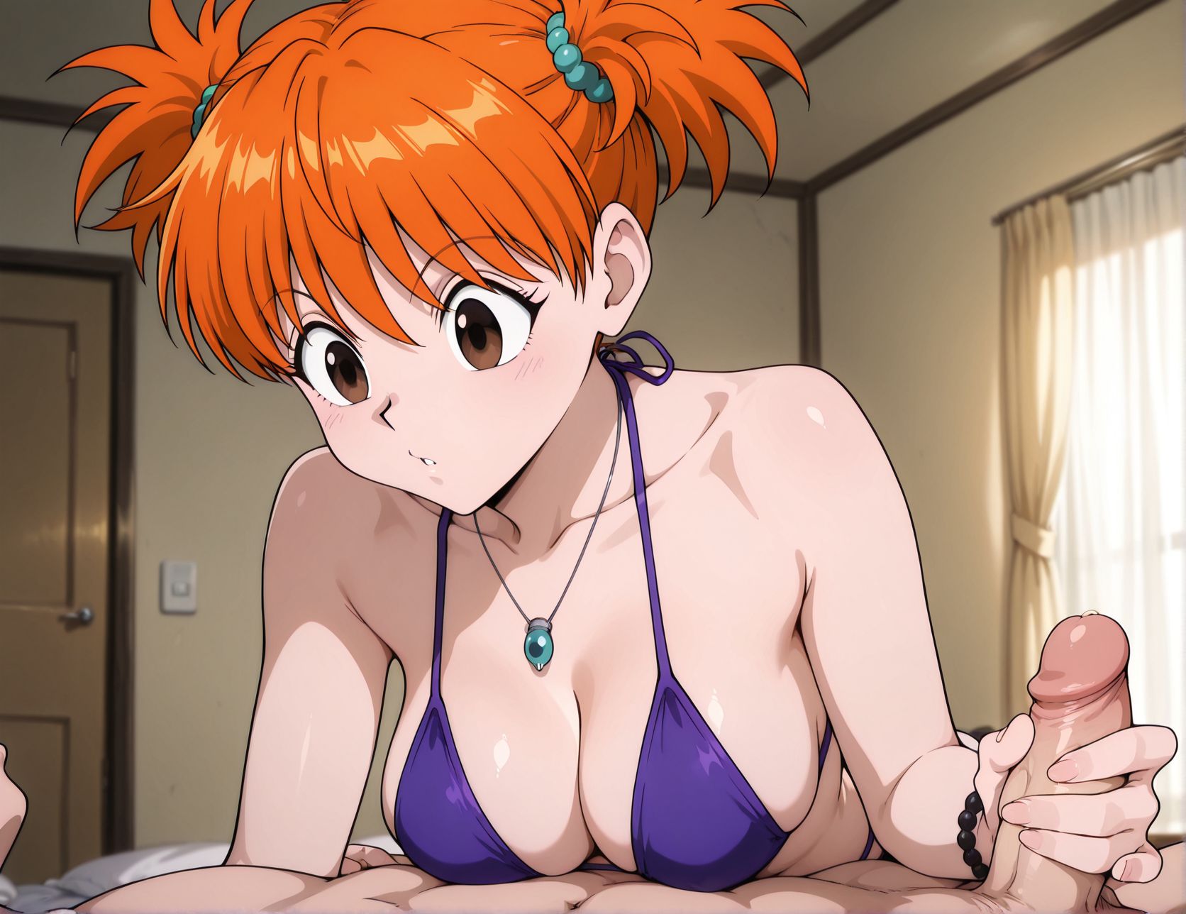 masterpiece, best quality, newest, absurdres, highres, detailed eyes, beautiful, detailed background, perfect eyes, anime coloring, anime screencap,
<lora:Erotic_massage:0.6> Erotic_massageV1,
1girl,1boy,penis,
hetero,breasts,looking at another, 
handjob,jewelry,bikini,
BREAK
<lora:Heavens_Arena_Employees:0.7>,
hxhcommentator, orange hair, short twintails, brown eyes,
killua zoldyck,  
hunter x hunter,   official art,