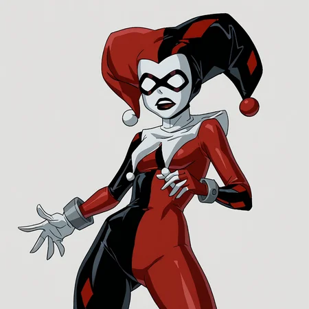 <lora:harleyQuinn:0.77> harleyquinn2004, 1girl, solo, jester cap, mask, white eyes, big eyes, bodysuit, red gloves, white gloves, facepaint,, <lora:detailed_notrigger:1> <lora:SDXLHighDetail_v5:1>, high quality, 8k, high quality eyes,  masterpiece, high quality,(deep shadow:1.1), newest, best quality, very aesthetic,, score_9, score_8_up, score_7_up, score_6_up, score_5_up, score_4_up
