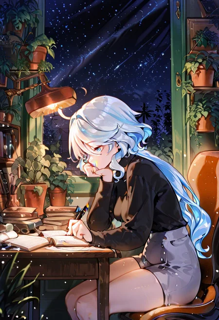 masterpiece, best quality, medium breasts, (curvy),   BREAK, Furina_(Genshin_Impact), zzLofi, sitting, side view, desk, chair, book, bookshelf, head rest, holding, holding pen, lamp, night, open book, pen, plant, potted plant, sky, star (sky), starry sky, window, windowsill, writing,   ,    <lora:LofiGirl_Style_IXL:1.0>,