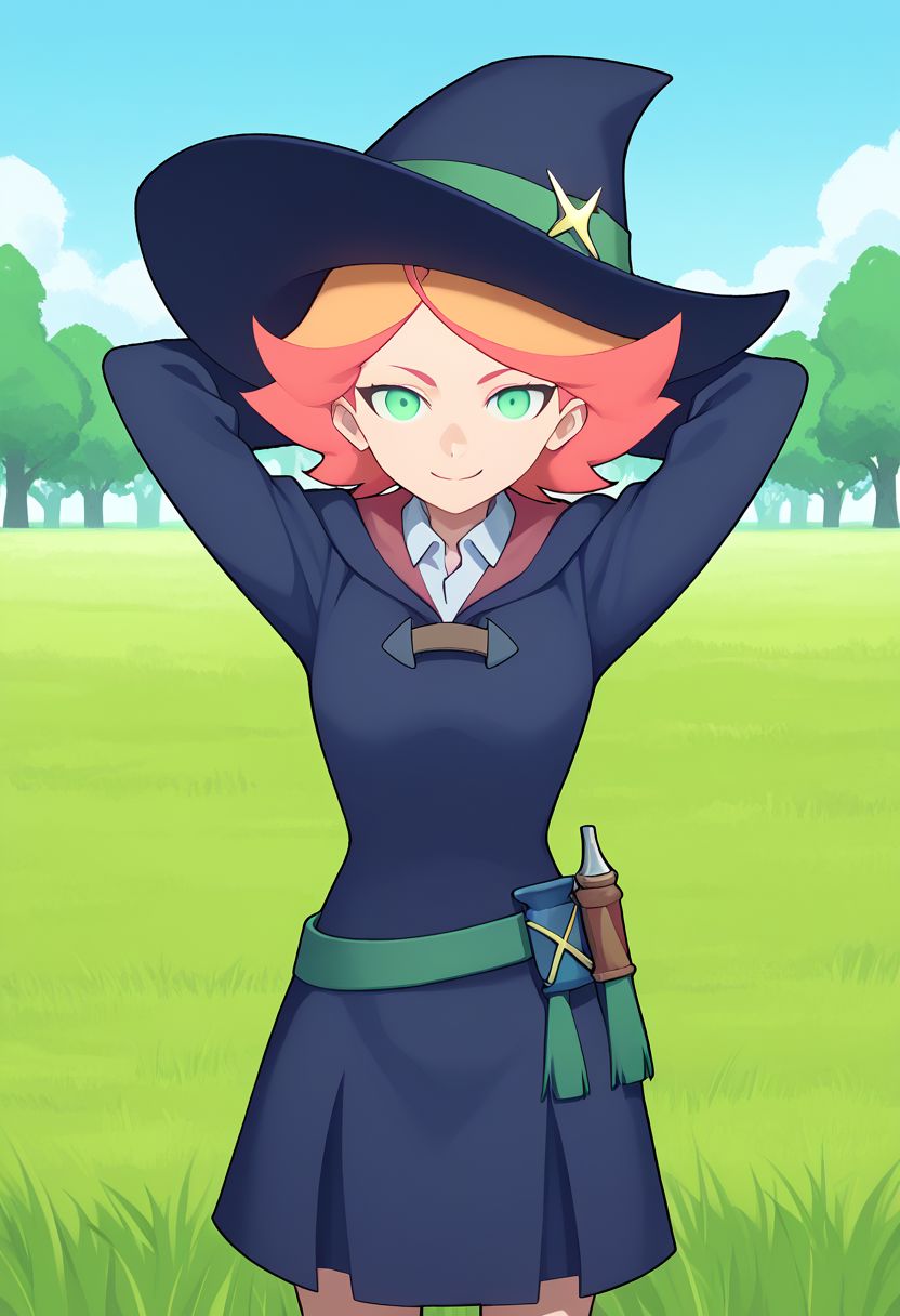 score_9, score_8_up, score_7_up, source_anime, highly detailed, 
amanda, 1girl, solo, green eyes, hat, orange hair, multicolored hair, smile, arms behind head, short hair, boots, witch hat, dress, looking at viewer, witch, luna nova school uniform, standing, arms up, closed mouth, upper body,
outdoor, grass, sky, tree