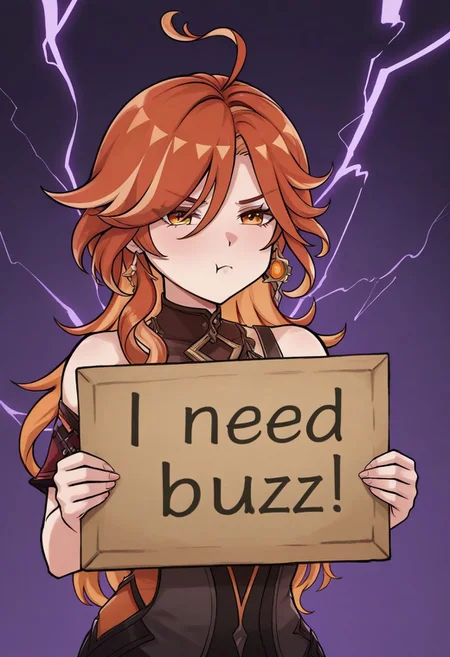 mavuika_(genshin_impact)
,need_buzz, holding sign. background of purple lightning. pouting face,frozenlilyst2l3,
