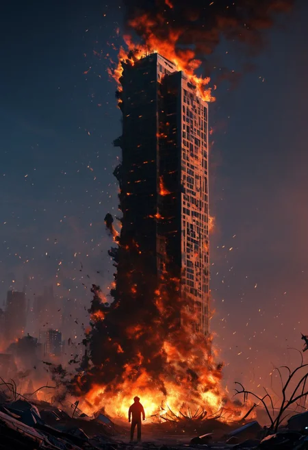 Masterpiece, 4k, ultra high detail,
Dark sky, burning sky, nighttime, night, burning skyscraper, destoyed skyline,
Apocalyptic scene, burning skyscraper, burning city, destroyed cars, Collapsing buildings,
End of the World,
negative_hand, NightScapes,