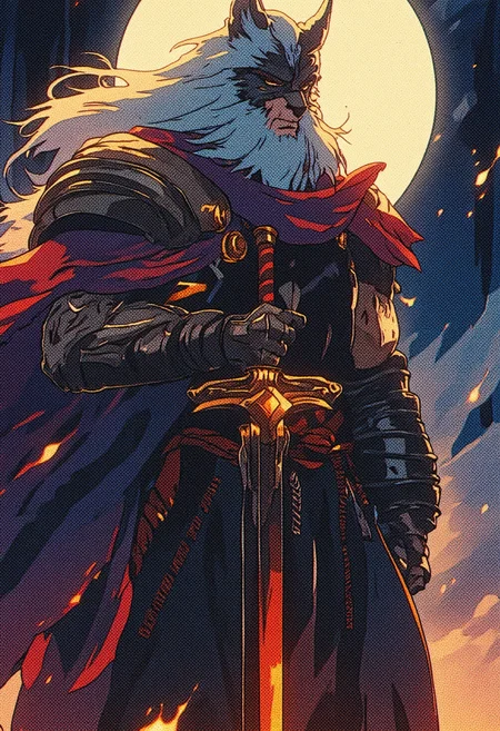 Digital drawing in retro anime style. Wolfman warrior, with long white hair cascading down, wears a formidable wolf-face helmet and mask, adorned with a single horn on his forehead. His face exudes power and determination. He is strong and muscular, featuring prominent abs, and dons regal king's robes over black metal armor and a leather skintight bodysuit. Clad in flowing attire, he holds a sword as he strides through the darkness of nightfall, illuminated by dark, flowing firelight. A crescent moon casts a mystical glow amidst fog and a breezy wind. The scene captures his perfect proportions in a dynamic pose and motion, with intricate details and a fantastical air