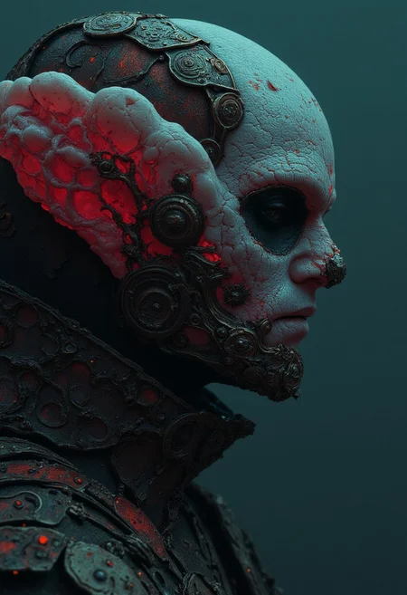 vivid colors, Photorealistic, extremem Closeup of an organic translucent fungus/reptilian creature, charming but dangerous, flat color two toned in bleaked translucent turquoise-black-pink and Grey, resembling a mushroom syberian masked intricate designed haitian Warrior in Relief high collar metal armor, cinematic lighting, insane details, hyperrealistic extreme closeup macro photography, 64 megapixel DSLR