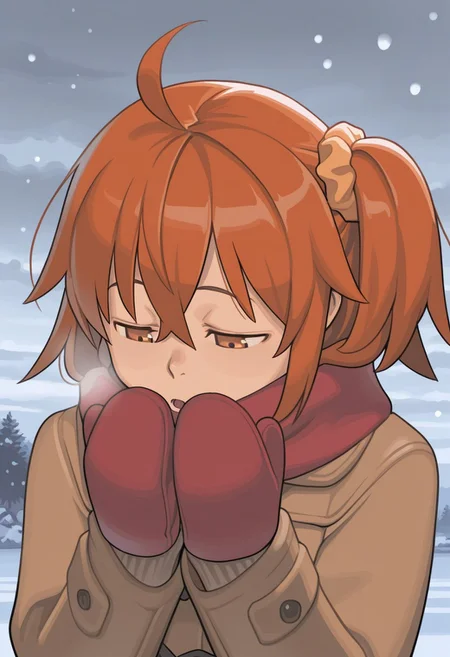 1girl, solo, fujimaru ritsuka \(female\), gudako, takamichi, orange hair, side ponytail, ahoge, scrunchie, open mouth, breath, half-closed eyes, looking down, red scarf, brown coat, winter coat, mittens, hands up, cold, outdoors, winter, cloudy sky, snowing, close-up, eye focus, masterpiece, best quality, amazing quality