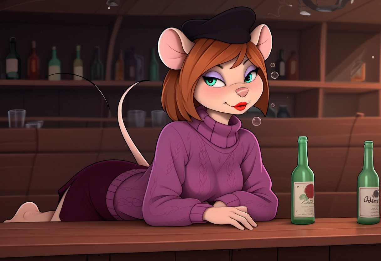 score_9, score_8_up, score_7_up, By YV
indoors, nighclub, bar stage
semi-anthro, 1girl, desiree d'allure, anthro, furry, mouse, mouse ears, mouse tail, red lips, light purple eyeshadow, brown hair, short bob cut, side-swept bangs, aqua eyes, mouse, mouse girl, mouse ears, medium breasts, detailed mouse legs, detailed barefoot, highly detailed face, fluffy fur, BREAK
black hat, purple sweater, turtleneck sweater,long sleeves,dark purple skirt
drinking hard, very drunk face, drunk bubbles, bottles of vodka