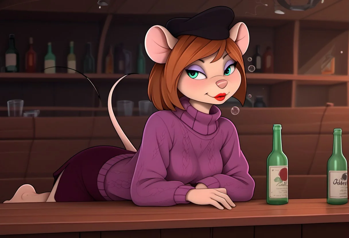 score_9, score_8_up, score_7_up, By YV
indoors, nighclub, bar stage
semi-anthro, 1girl, desiree d'allure, anthro, furry, mouse, mouse ears, mouse tail, red lips, light purple eyeshadow, brown hair, short bob cut, side-swept bangs, aqua eyes, mouse, mouse girl, mouse ears, medium breasts, detailed mouse legs, detailed barefoot, highly detailed face, fluffy fur, BREAK
black hat, purple sweater, turtleneck sweater,long sleeves,dark purple skirt
drinking hard, very drunk face, drunk bubbles, bottles of vodka