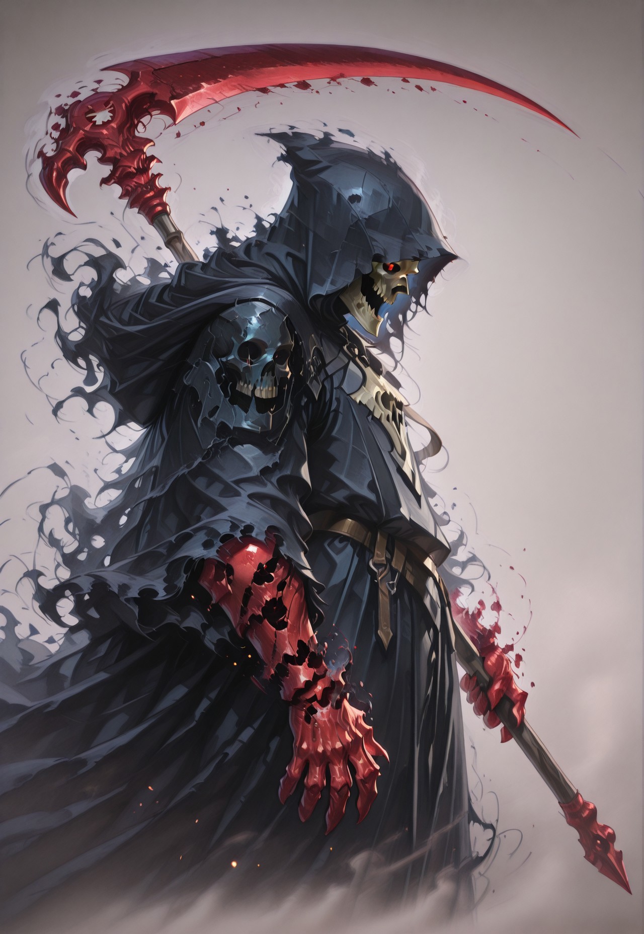 masterpiece, best quality, amazing quality, absurdres, Oil Painting, Realistic, upper body, side profile, white background, misty_step, disintegration, dissolving fog,
BREAK,
grim reaper, black cloak, disintegrating cloak, black hood, red skull face, scythe, bone hands