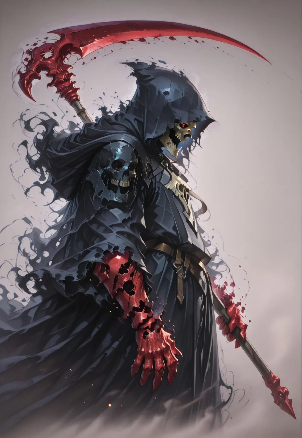 masterpiece, best quality, amazing quality, absurdres, Oil Painting, Realistic, upper body, side profile, white background, misty_step, disintegration, dissolving fog,
BREAK,
grim reaper, black cloak, disintegrating cloak, black hood, red skull face, scythe, bone hands