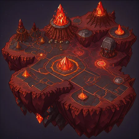 1 island, darkblack to to darkred, (lava:2.6) rock, cliff, lava strains, cracks, broken columns, tectonic fault, (ruins:0.5), lavascape, plain darkgray to gray background, mecha rusty parts around map, (((thick outlines:2.2))), (magic gemstone glowing darkred to copper:1.8), broken pillars arcs, (copper strains wires:1.8)