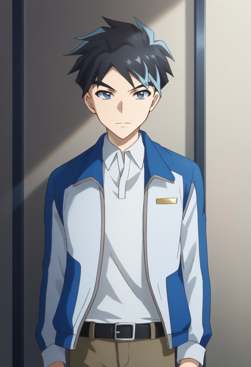 score_9, score_8_up, score_7_up, source_anime, highly detailed, 
ryuji_z, 1boy, solo, male focus, blue eyes, streaked hair, black hair, multicolored hair, blue hair, shirt, white shirt, collared shirt, blue jacket, belt, pants, upper body,
indoor, control center, screens,