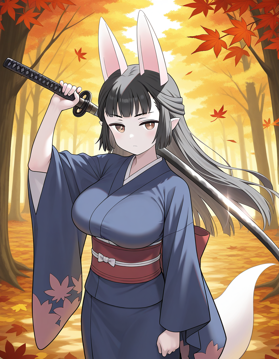 general,highres, ultra-detailed,very aesthetic,best quality ,best hands,  BREAK <lora:Hasaha_IS:1.1> Hasaha, animal ears, black hair, brown eyes, pointy ears,  white tail, large breasts,
 long hair, serious face, holding, looking at viewer, cowboy_Shot, Japanese sword, blue kimono, red sash,
forest, 
autumn,
fallen leaves,