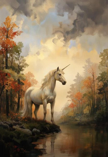 An ethereal unicorn standing at the edge of a misty forest clearing, the golden hour light bathing its silken mane in a warm, glowing hue. The sky swirls with vibrant, impressionistic brushstrokes, merging with the realistic textures of the creature's coat. The scene feels like a moment caught between reality and dream, like a mystical wildlife documentary shot by National Geographic.
