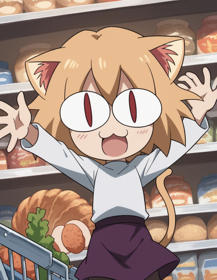 score_9, score_8_up, score_7_up, source_anime, <lora:carnivalphantasm-neco-arc-ova-ponyxl-lora-nochekaiser:1>, neco arc, short hair, blonde hair, red eyes, animal ears, tail, cat ears, chibi, cat tail, slit pupils,, skirt, pantyhose, sweater, purple skirt,, grocery store, shopping cart, picking fruits, everyday life, , , , on back, arm support, arms up, incoming hug, pov, reaching, reaching towards viewer,, solo,, dutch angle, cowboy shot